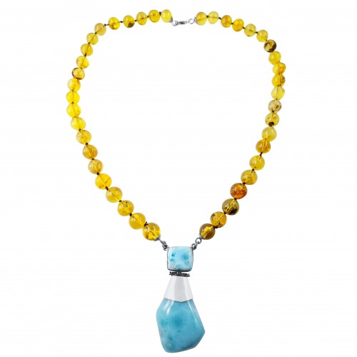 Dominican Amber and Larimar Gemstone Necklace